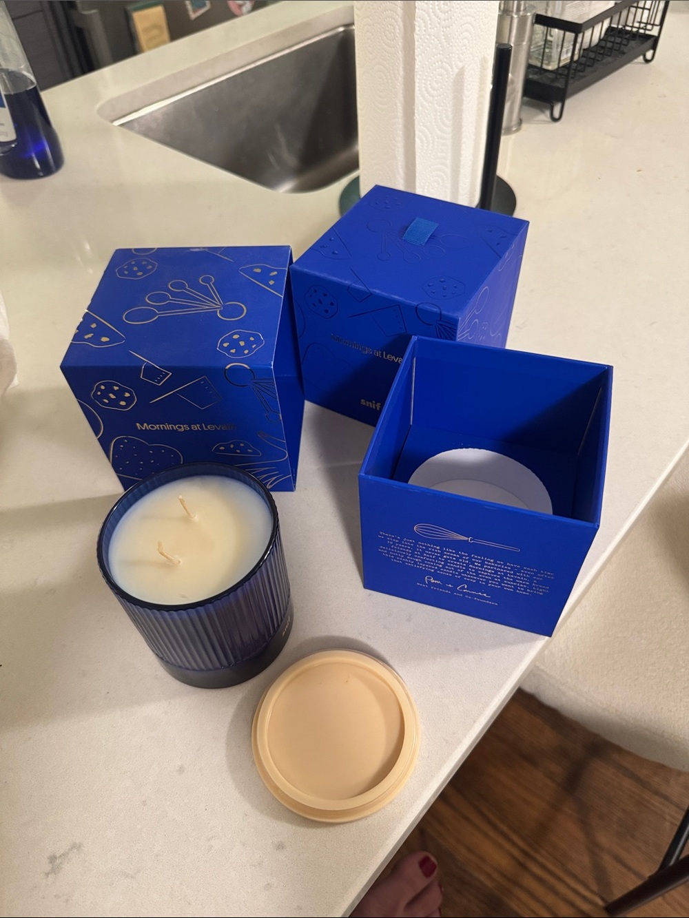 Blue Ribbed Glass Scented Candle — Unscented Mornings at Levain